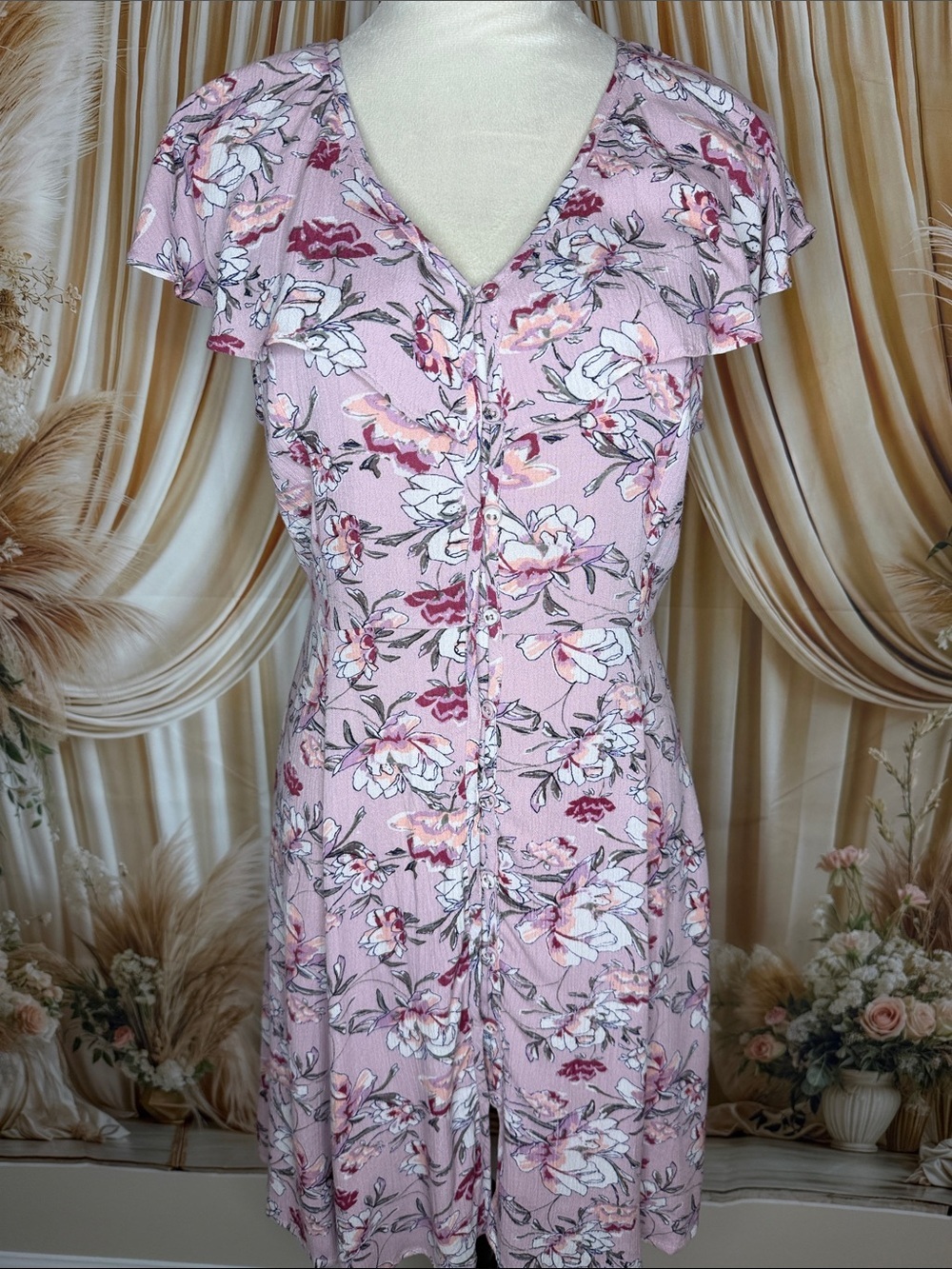 American Rag Pink Floral Button-Down Midi Dress with Flutter Sleeves